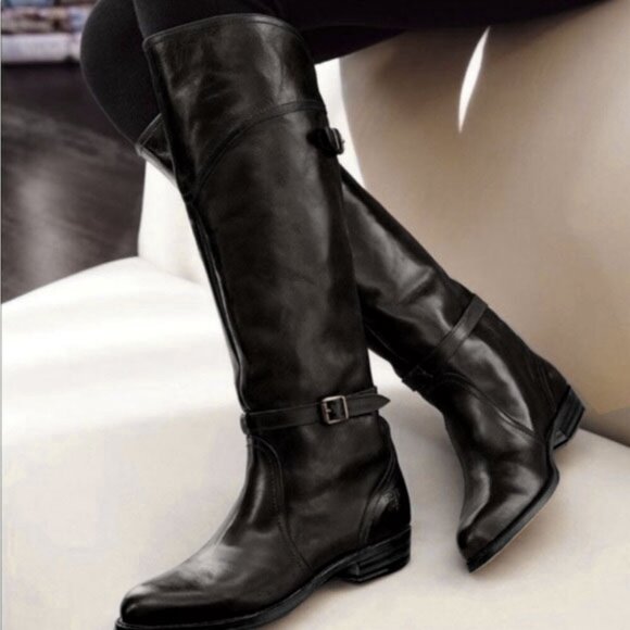 FRYE Boots Dorado Polished Black Leather Knee High Riding Boot - Picture 1 of 10
